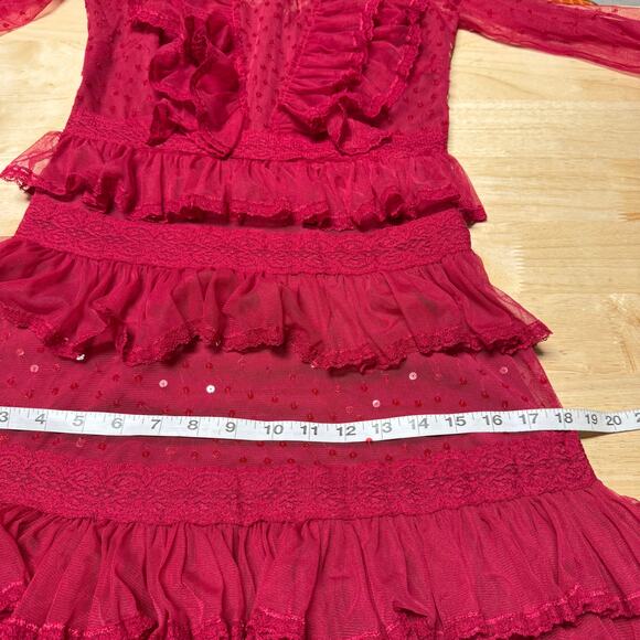 Mac Duggal NWOT Red Sequin Tiered Lace Ruffle High Neck Mesh Victorian Gown Sz 2 - Picture 7 of 8